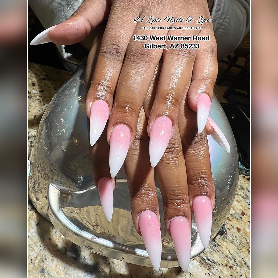 Long pink to white ombre stiletto nails