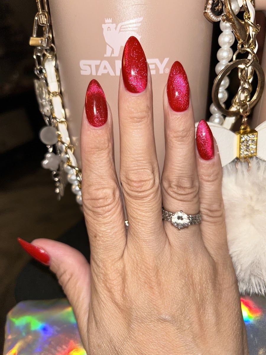 Long red glitter almond nails