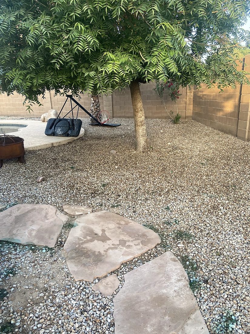 Flagstone stepping stones through gravel under a shade tree