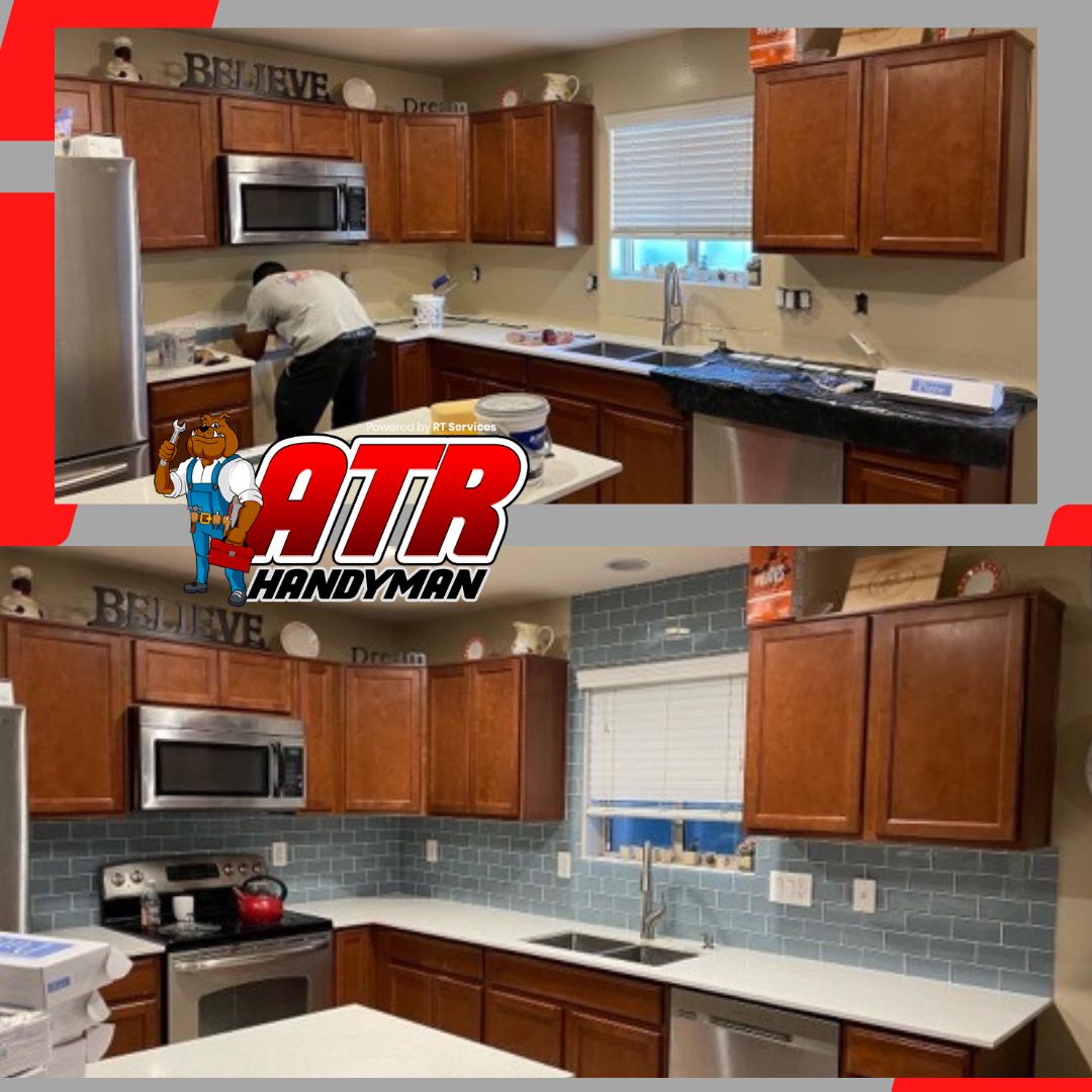 Kitchen before and after a new tile backsplash