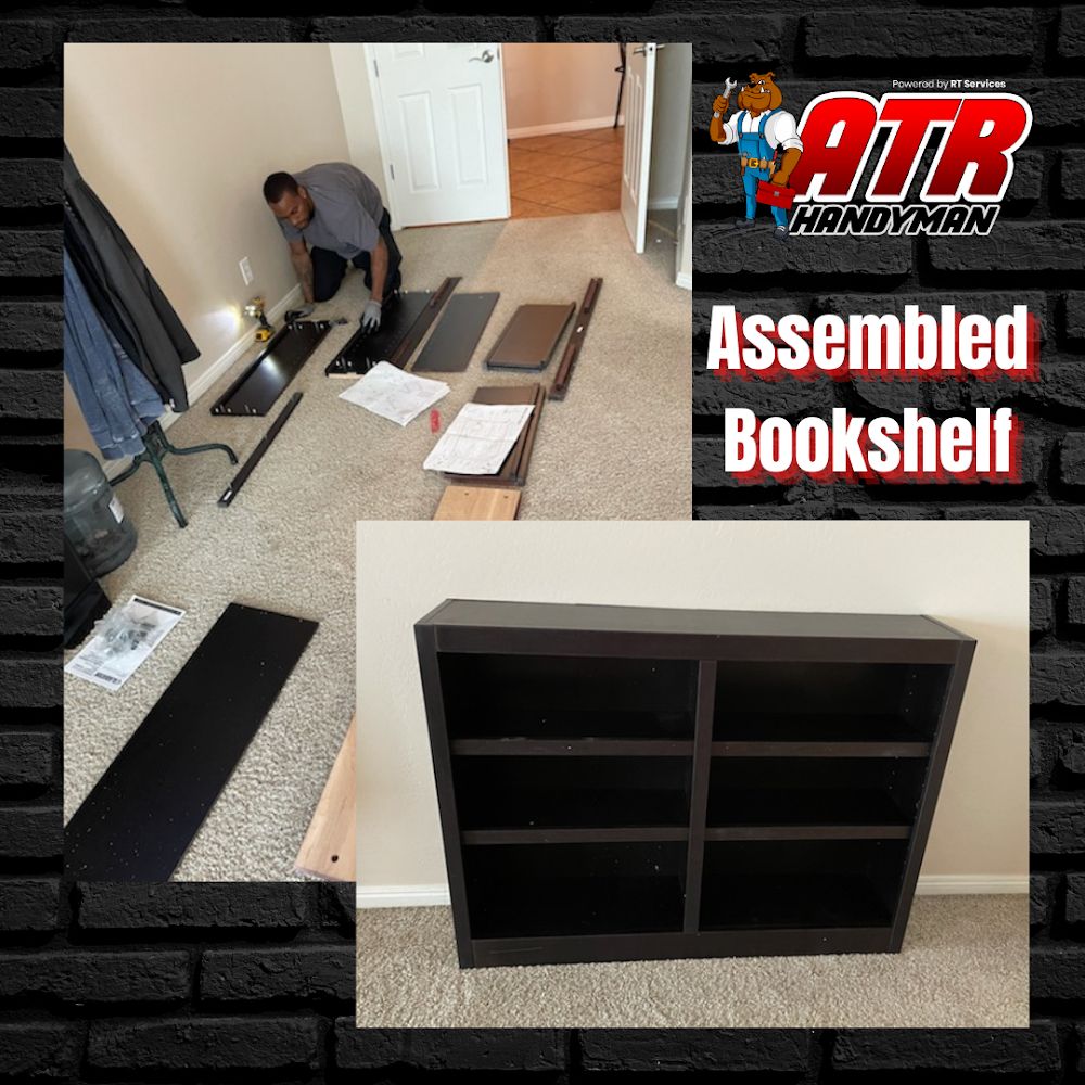 Bookshelf being assembled, and the finished dark bookshelf
