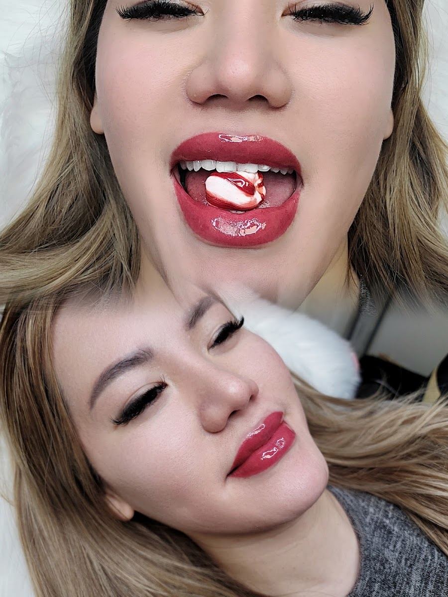 Close up of full red lips and lashes, from AZ Dream Brows & Lashes