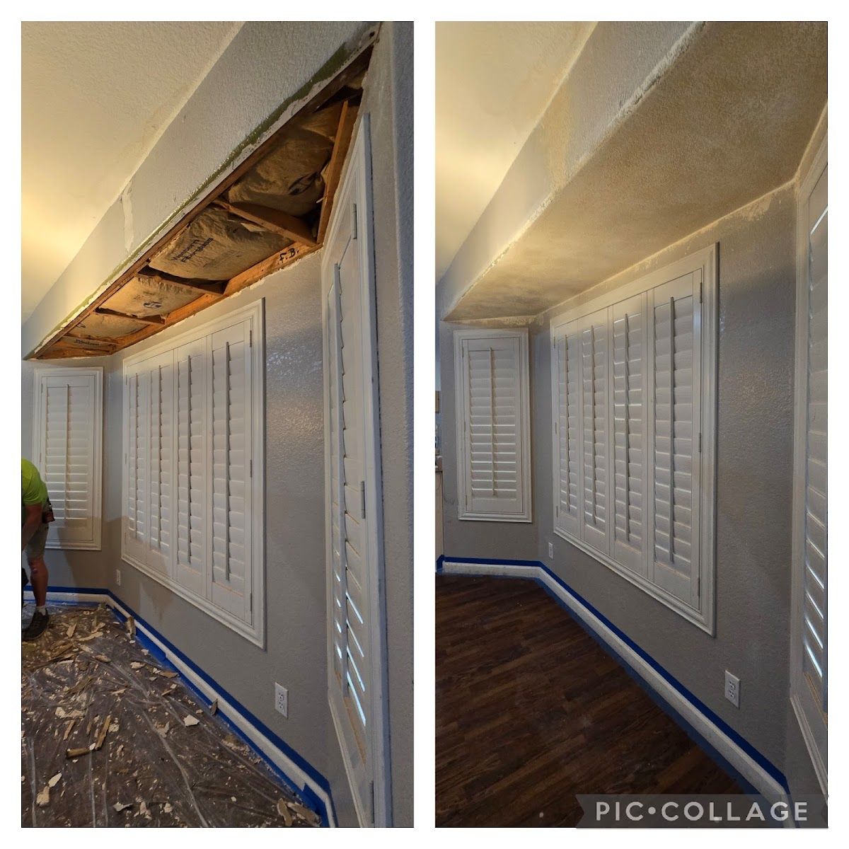 Ceiling opened up for drywall repair, then finished and textured to match