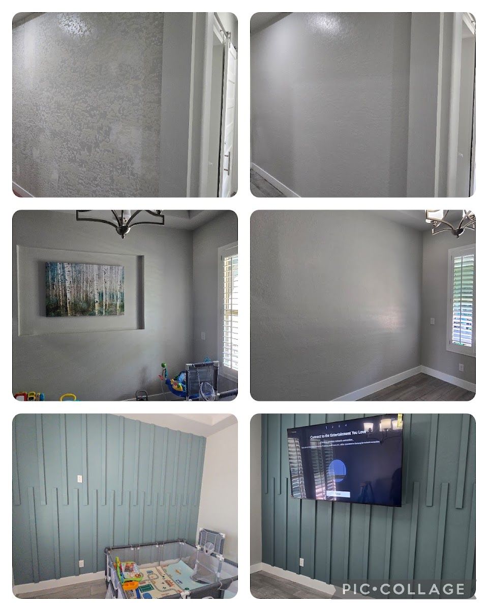 Wall texture before and after, plus a mounted TV on a slat accent wall