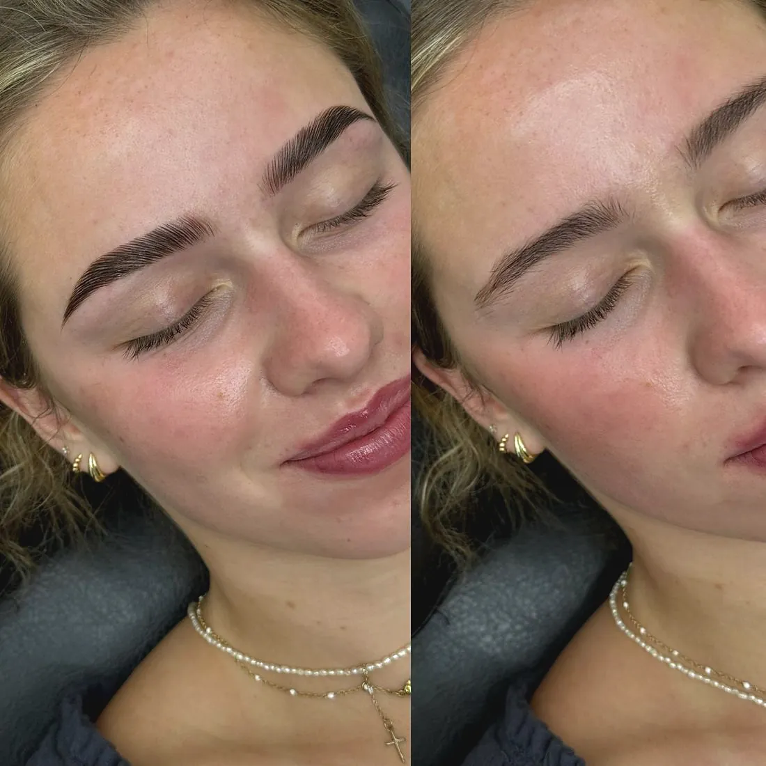 Before and after side by side: the same brows, eyes closed, sparse on the left and fuller, brushed up and tinted on the right