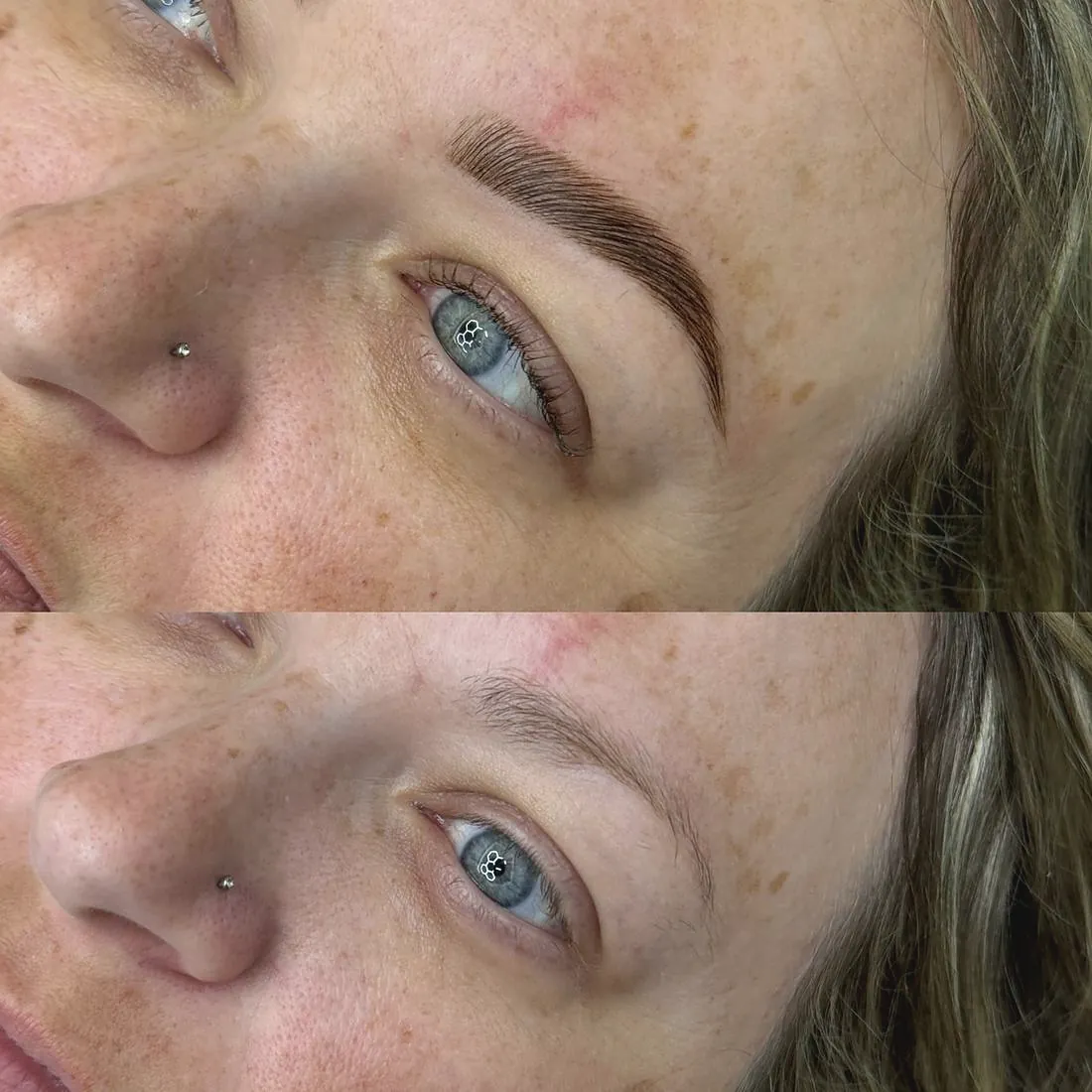 Before and after stacked: a blue eyed woman's brow, lighter on top and fuller and darker below