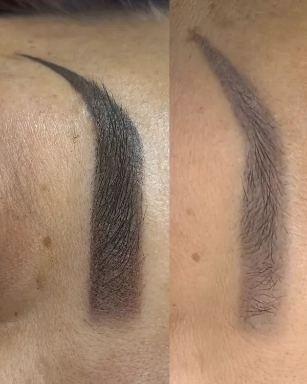 Two close ups of the same shaded brow side by side, before and after