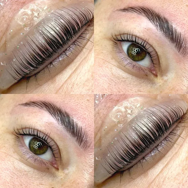 Four close ups: lashes lifted under clear film and laminated brows, two eyes open