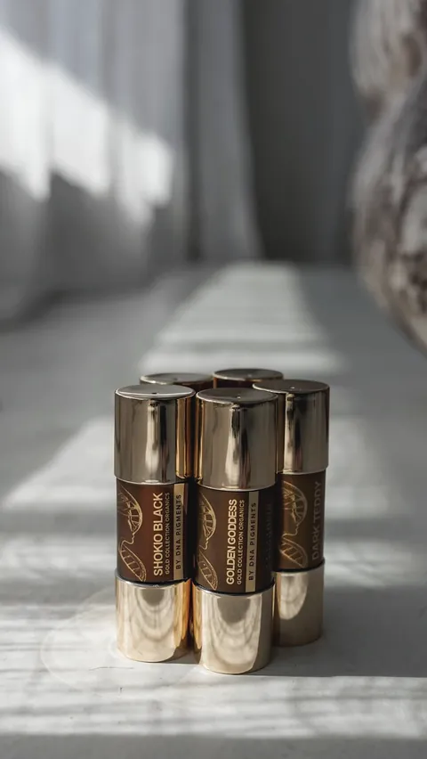 Five gold pigment bottles standing in a strip of window light