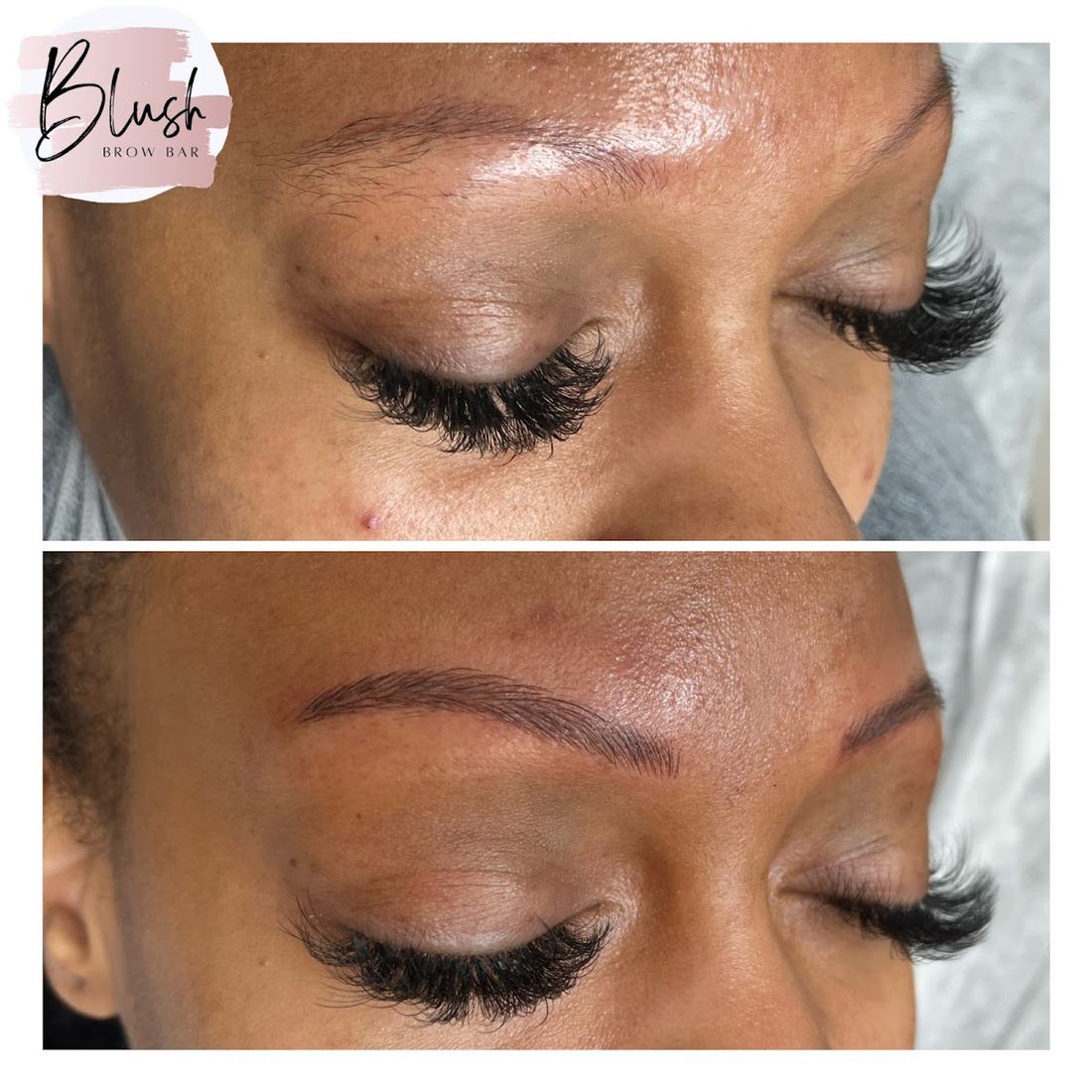Before and after microblading, soft arched brow
