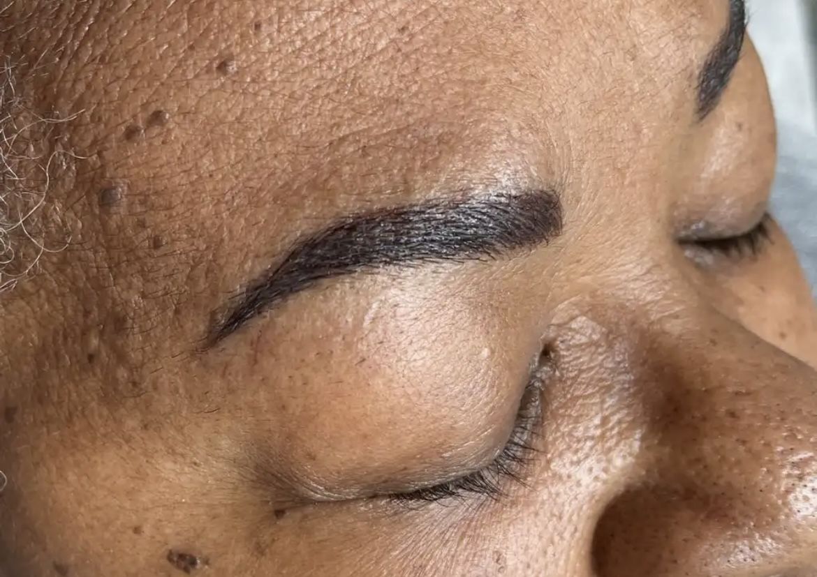 Close-up of a finished microbladed brow