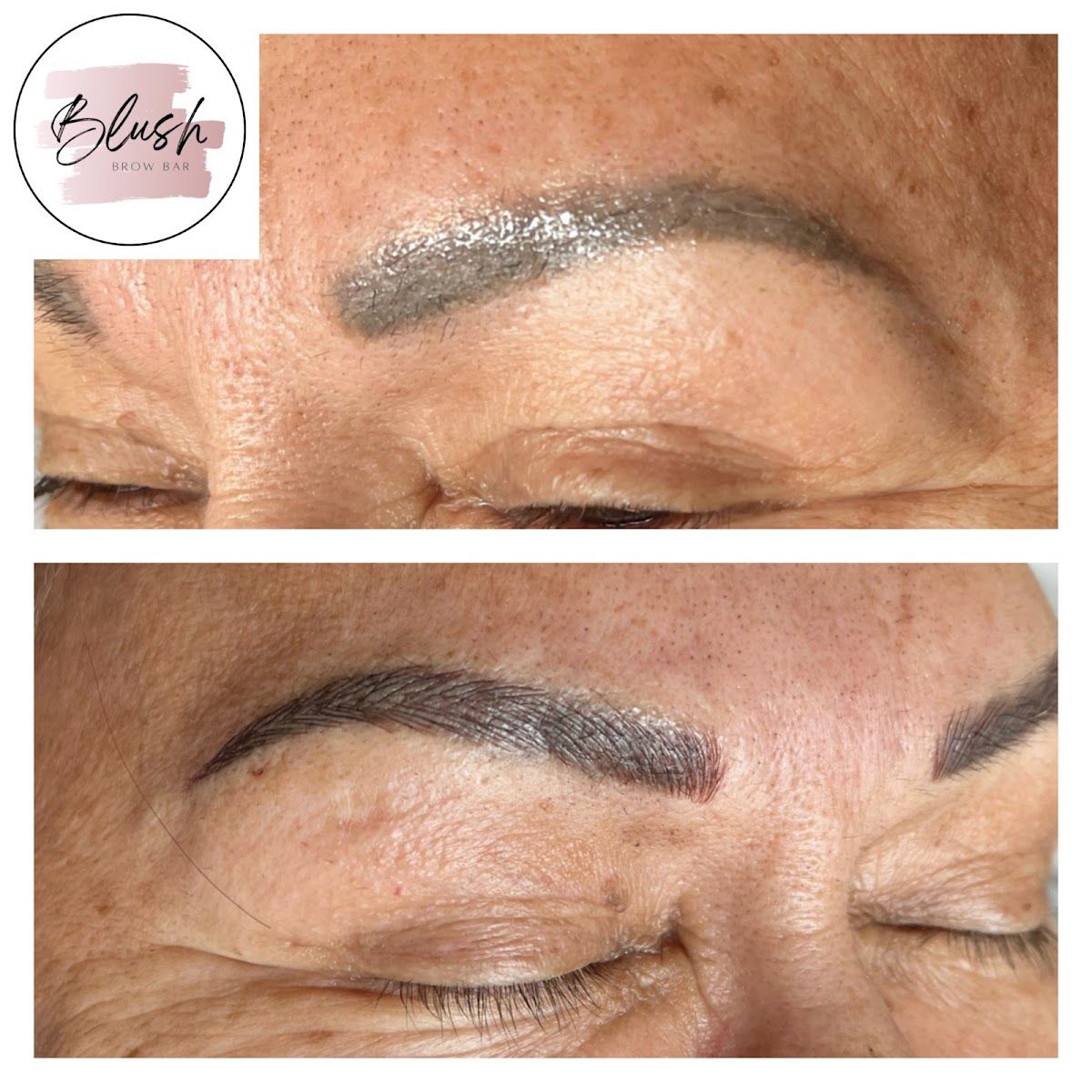 Before and after, faded grey brow tattoo refreshed with warm strokes