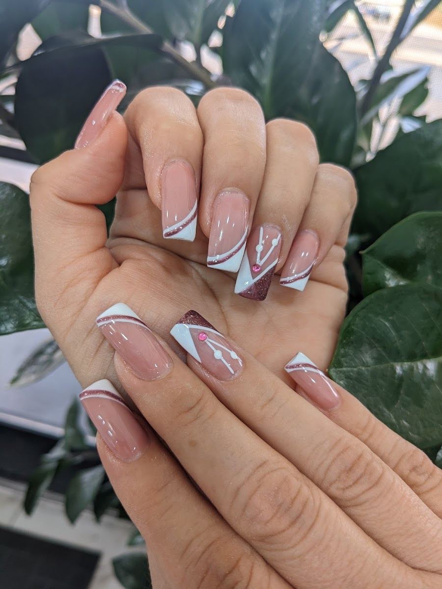 Nude acrylic nails with white and burgundy V French tips