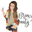 Brow & Beauty Bar logo: cartoon Brandi in a striped cardigan