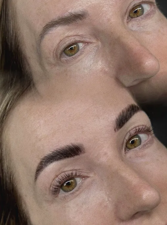 Color before and after of one brow: light and sparse on top, darker and fuller below