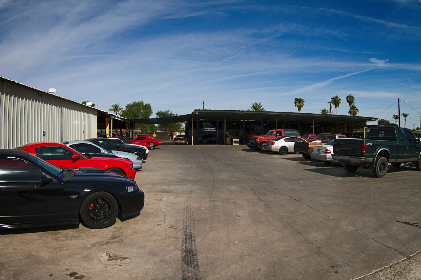 Wide view of the lot with cars lined up under a blue Arizona sky