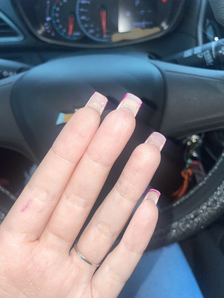 Long square nails with a soft pink French tip