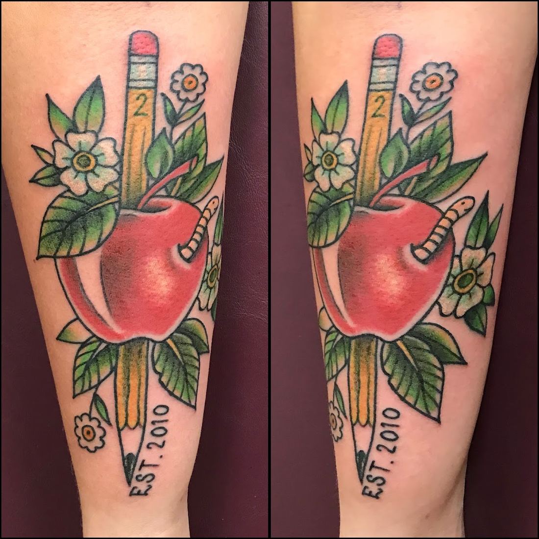 Matching apple and pencil tattoos with flowers, shown side by side
