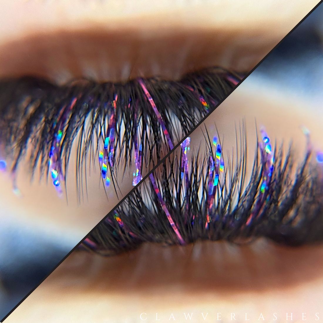 Before and after style split of tinsel lashes