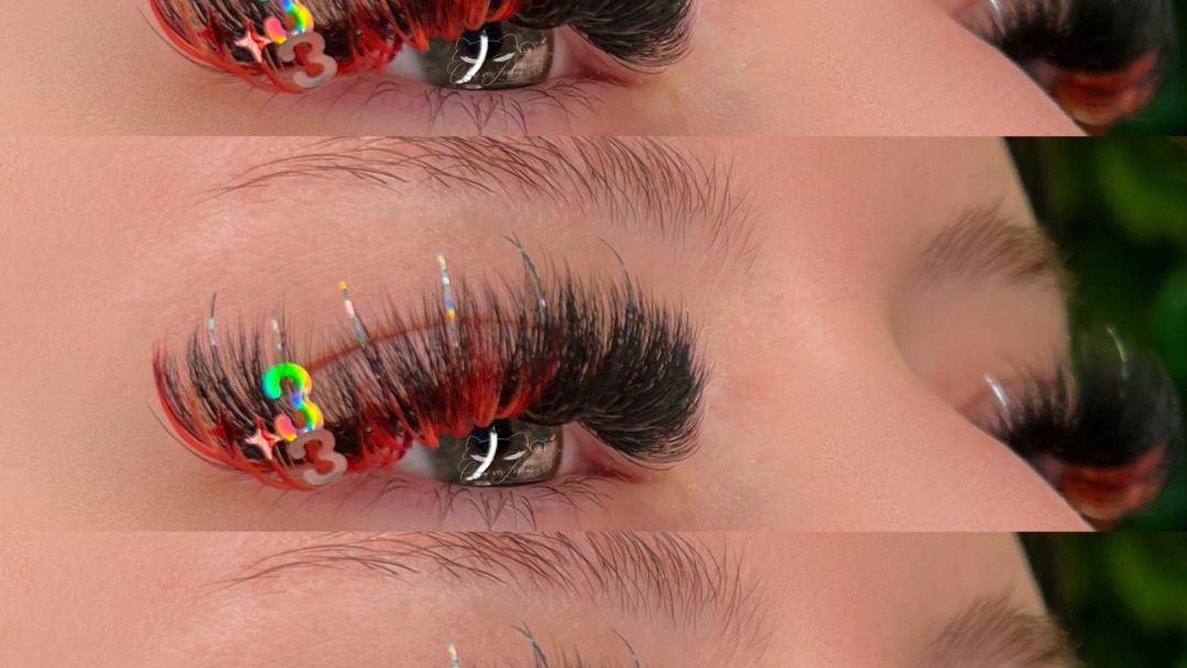 Red colored lashes with decals and tinsel