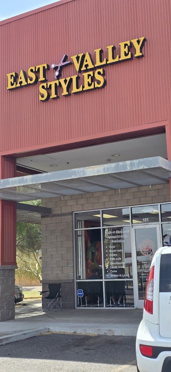 East Valley Styles storefront with gold lettering on a red building