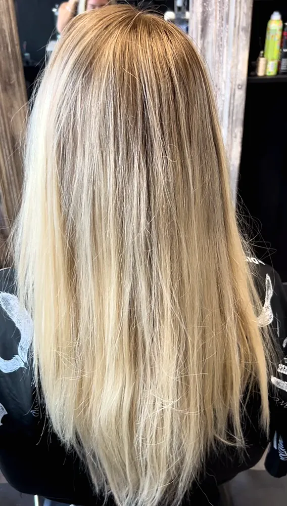 Long straight blonde hair with soft dimension, seen from the back