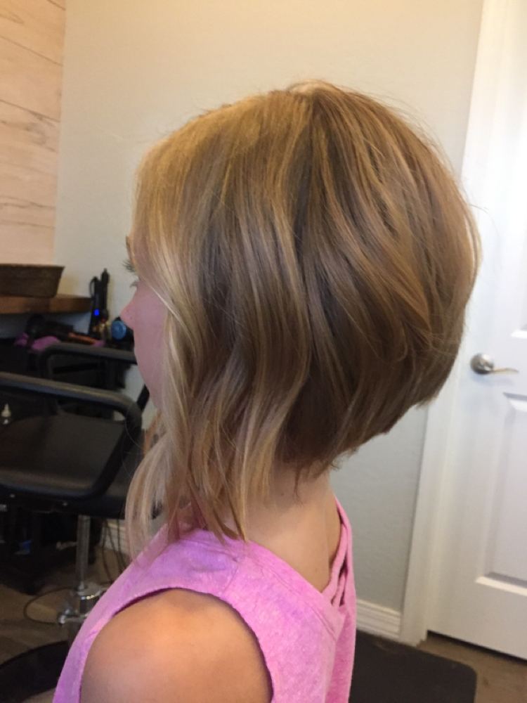 Stacked A-line bob with soft blonde ends, side view
