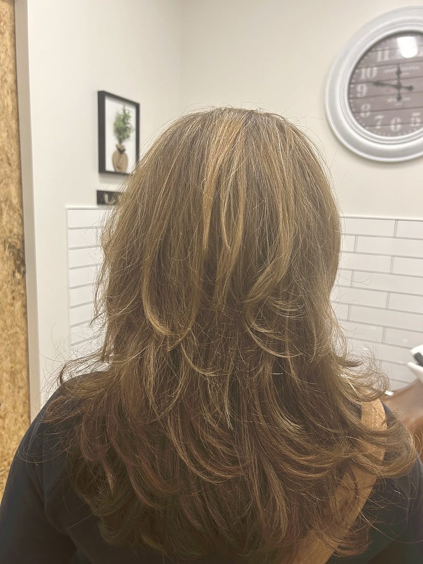 Long layered hair with soft blonde highlights, seen from behind