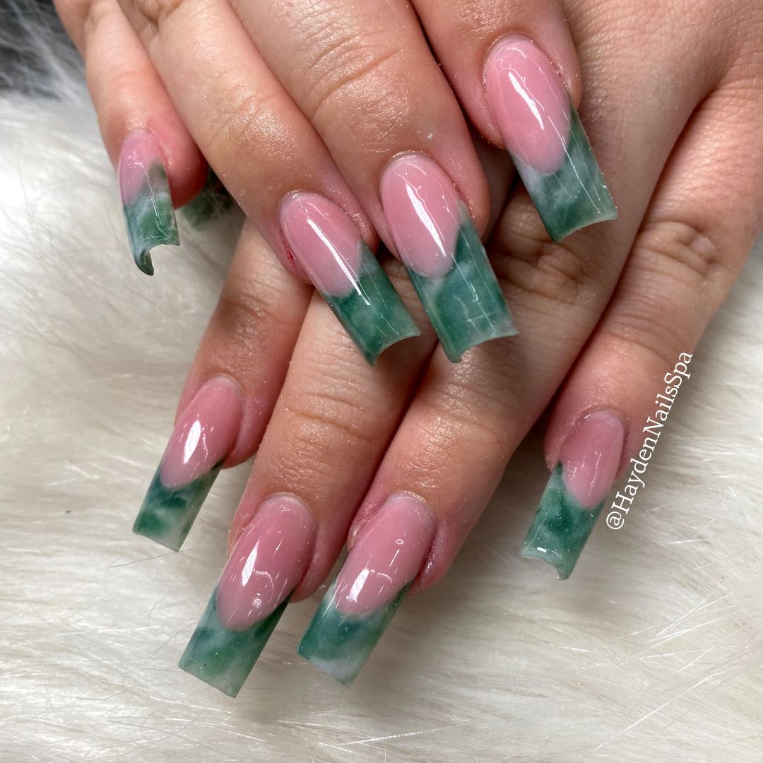 Long square nails with pink to jade green ombre tips