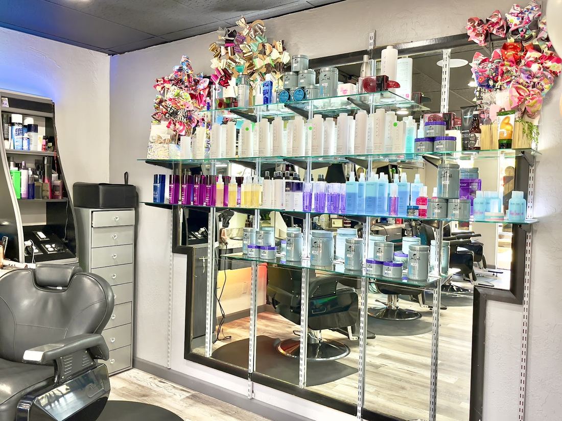 Glass shelves stocked with hair care products