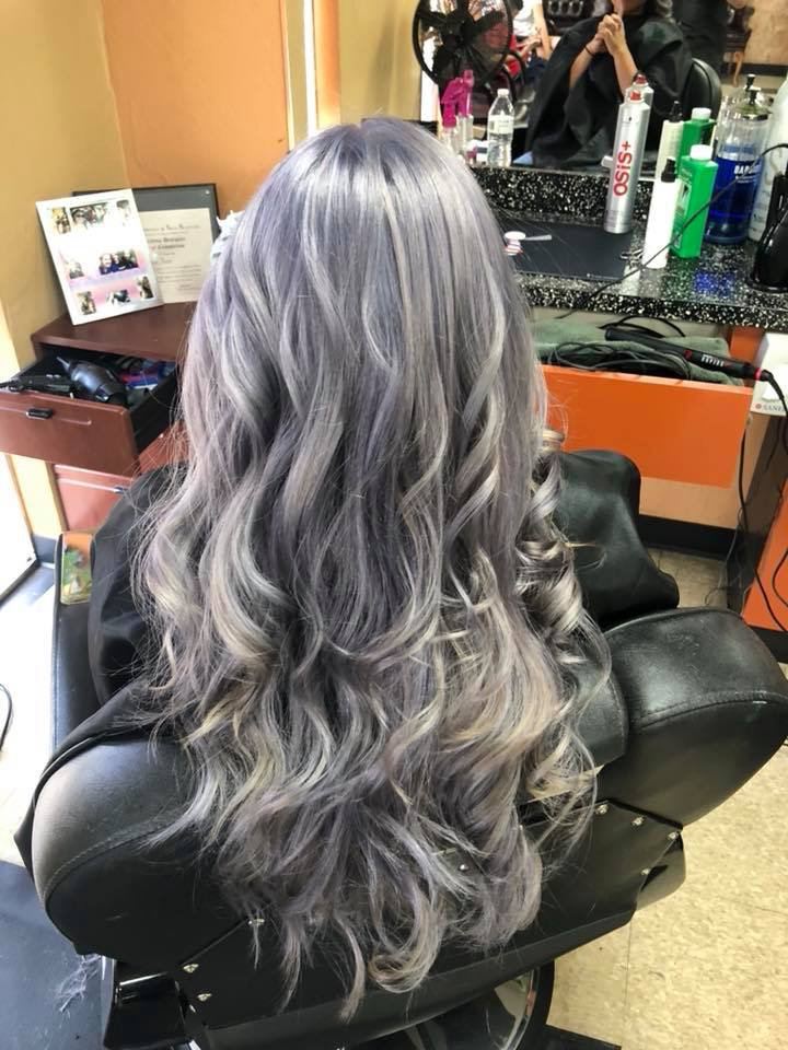 Long silver and lavender curls