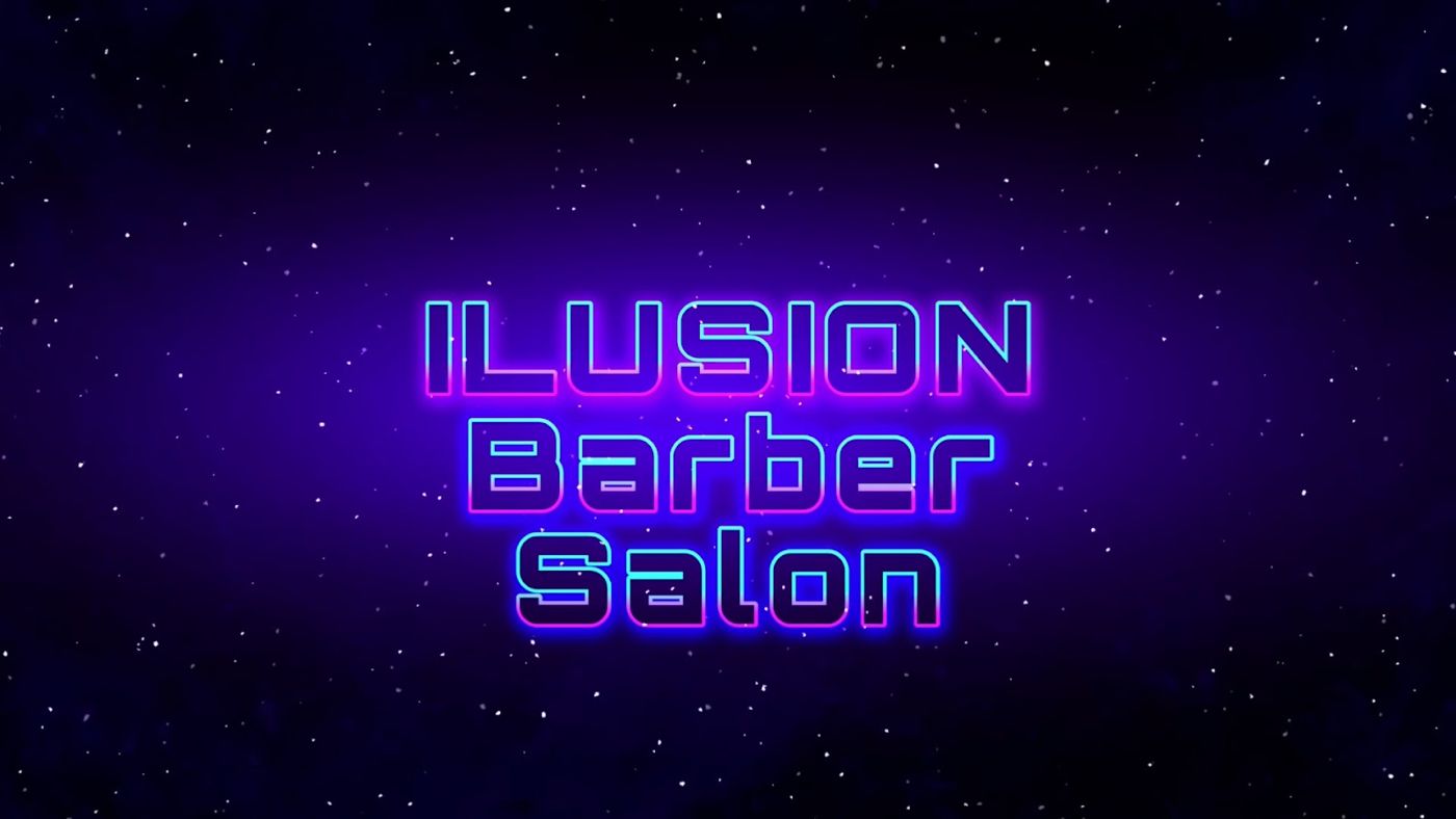 The shop's neon Ilusion Barber Salon sign glowing blue and violet