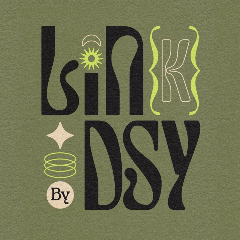 Ink by Lindsy logo: black 1970s style letters on olive with a lime sunburst and a cream sparkle