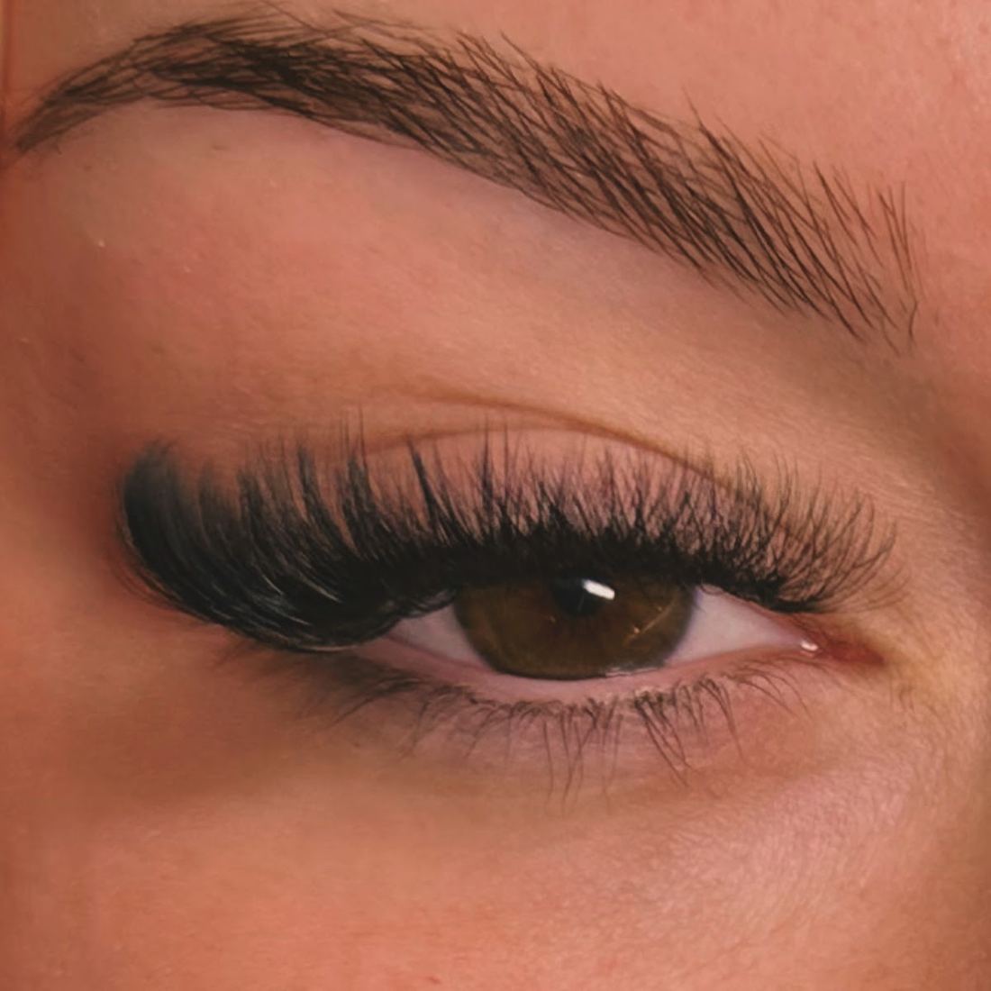 Full lash set and shaped brow on a brown eye