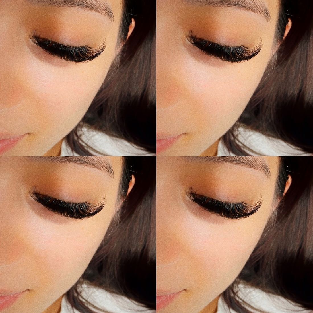 Four angles of a dark, wispy lash extension set