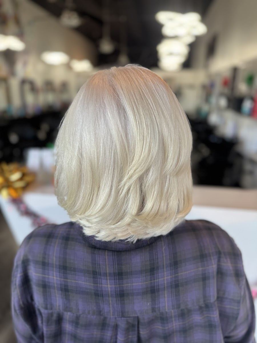 Platinum blonde bob seen from behind