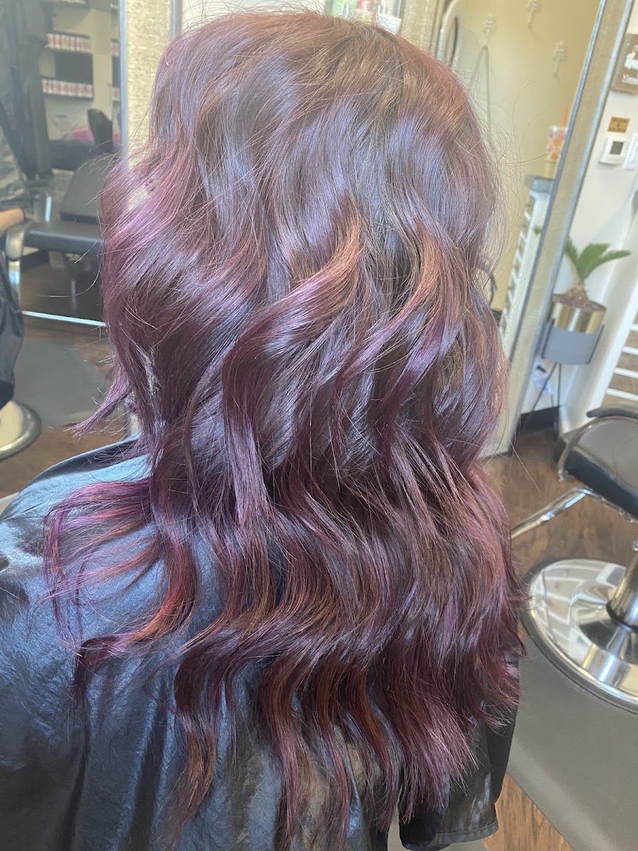 Deep plum and violet color on long wavy hair