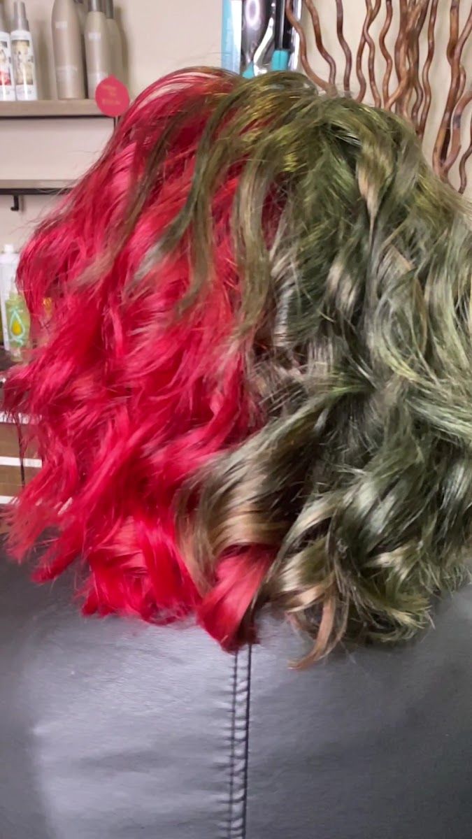 Split color with vivid red on one side and olive brown on the other