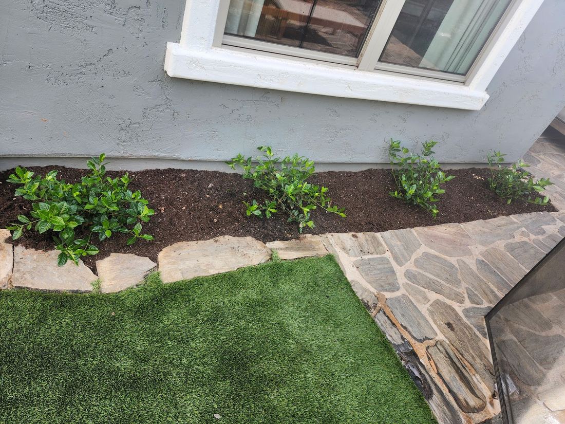 New flower bed with stepping stones and green turf below a window