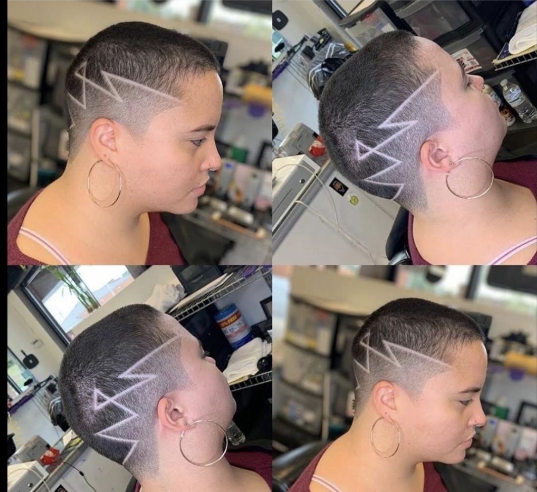 Four angles of a short buzz cut with a sharp zig zag design shaved into the side