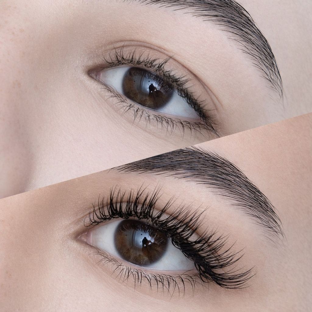Two views of an eye with lash extensions and shaped brows