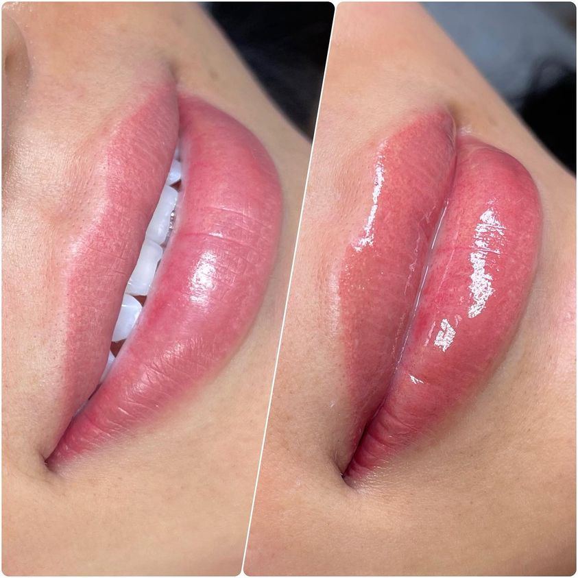 Lip tattoo shown side by side on full lips