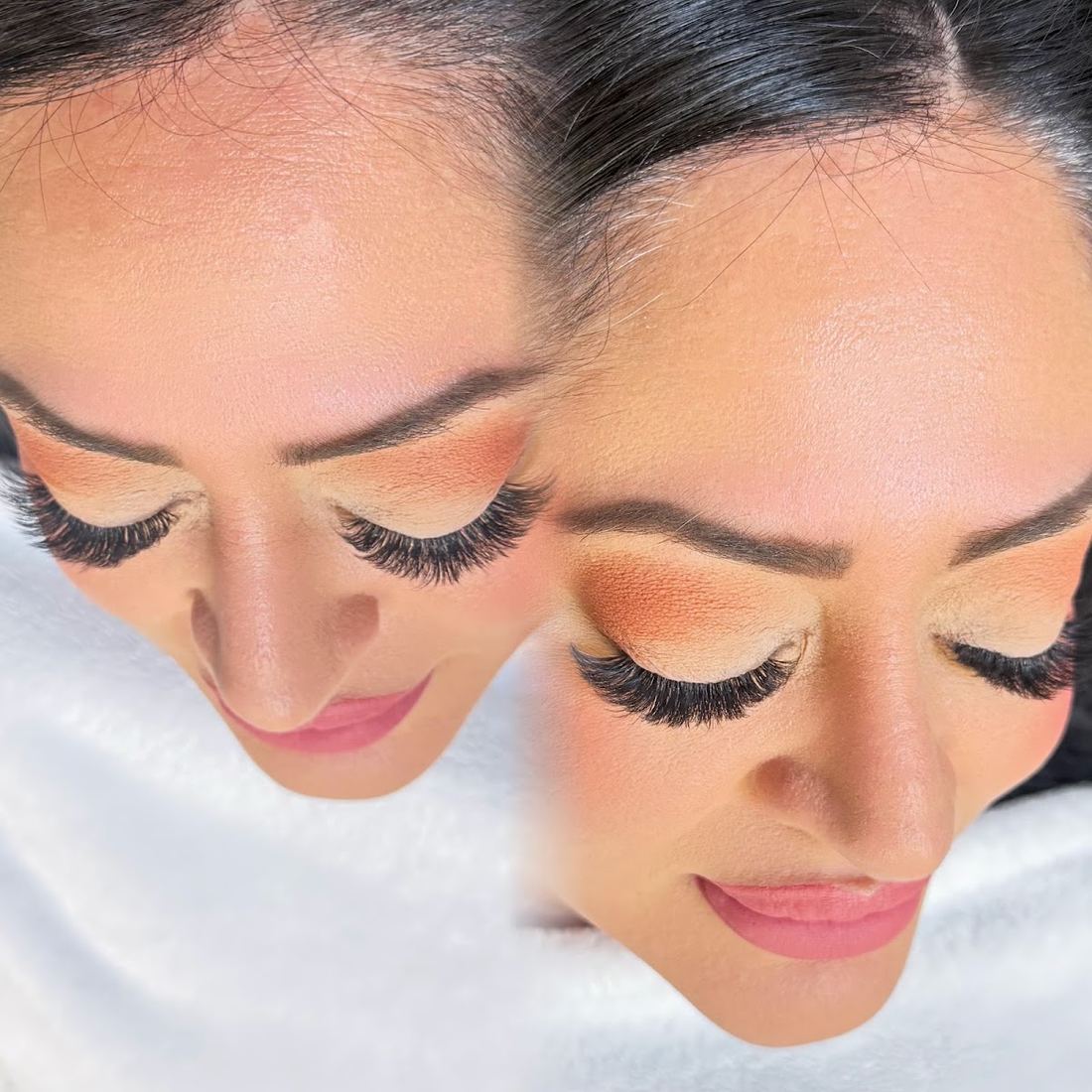Client with eyes closed showing a lash set from above