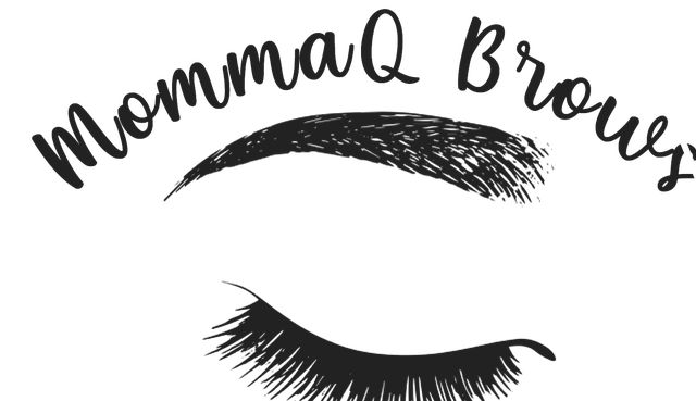 MommaQ Brows logo: hand lettered script over a sketched brow and closed lashes