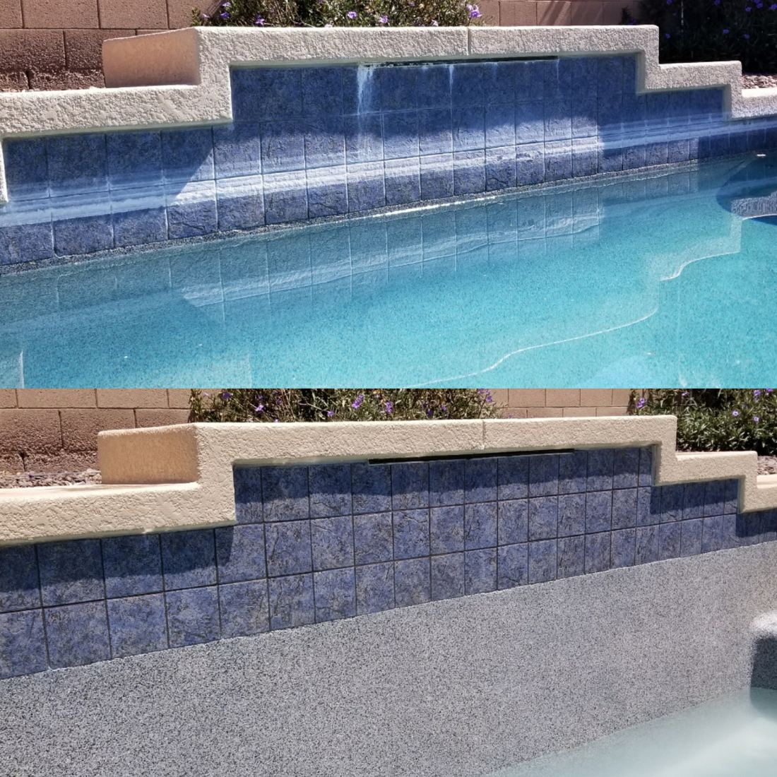 Stepped blue pool tile wall with a calcium band before and clean after