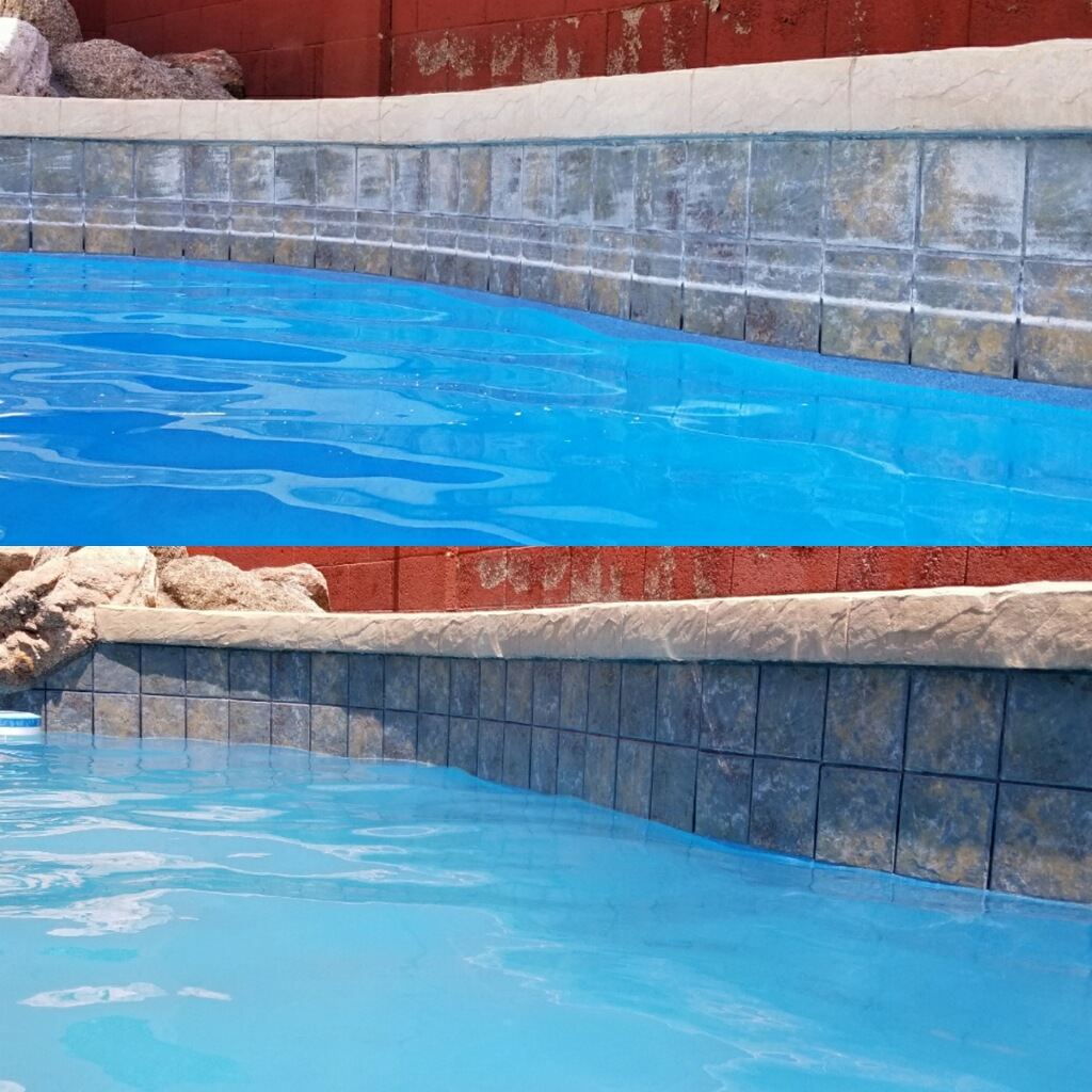 Tan and blue pool tile hazy with calcium before and sharp after