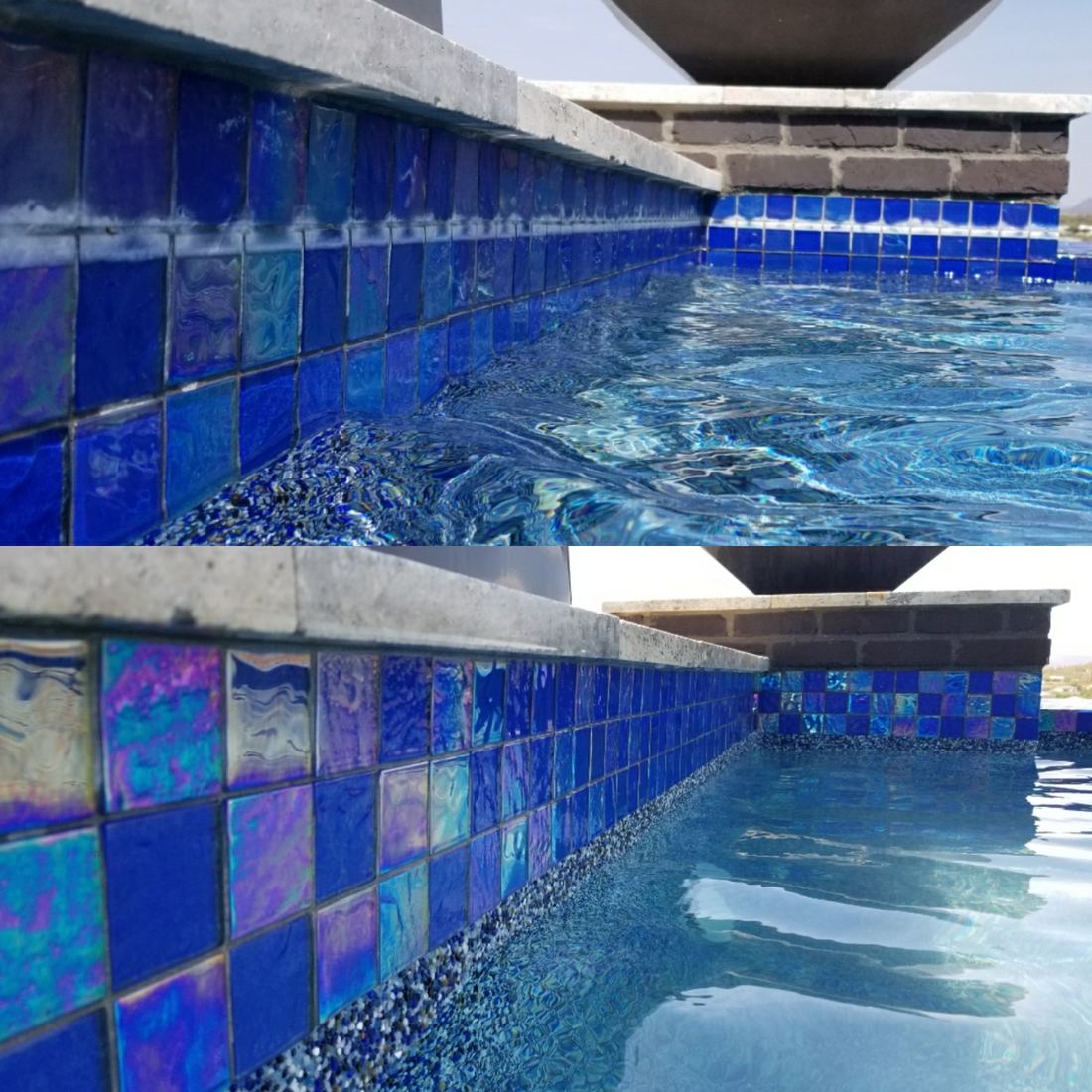Blue glass tile along a pool edge with mineral scale before and clean after
