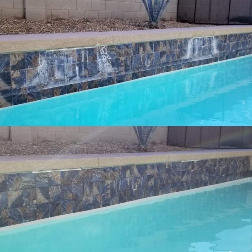 Slate look pool tile with white mineral streaks before and clean after