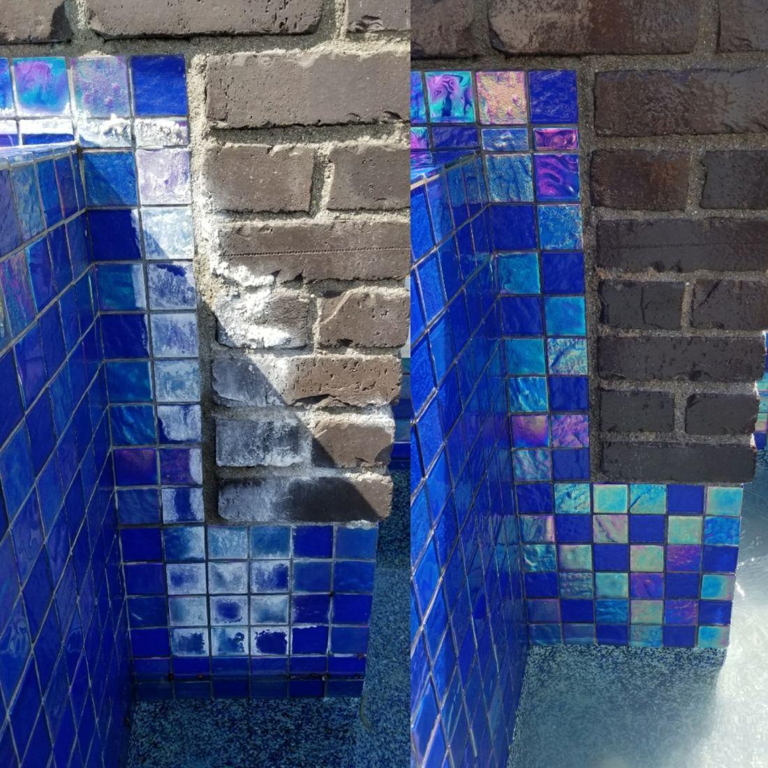 Iridescent blue glass tile beside a brick column, crusted with white calcium before and glossy after