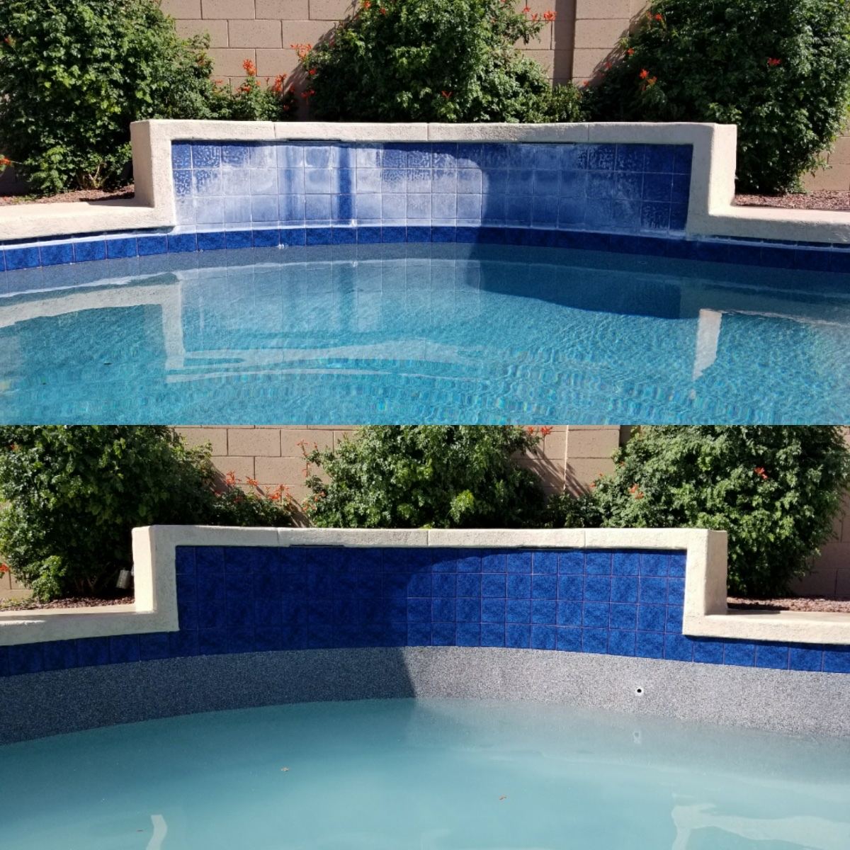 The same pool wall after cleaning: deep blue tile with the calcium line gone